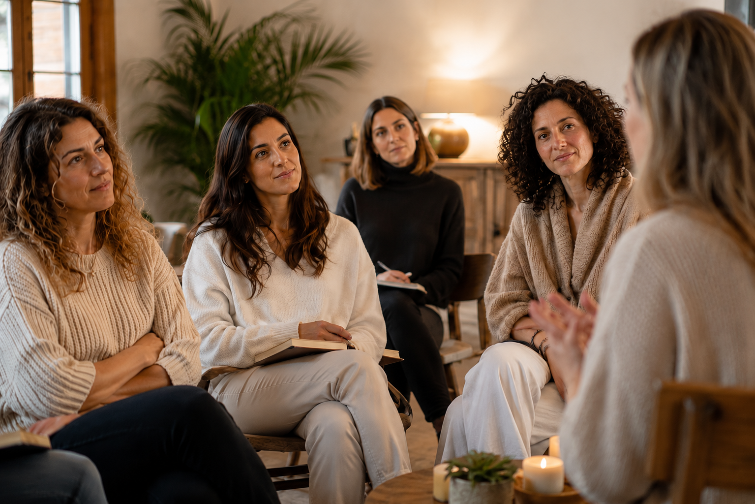 Dones escoltant amb atenció durant una sessió de coaching holístic en una sala relaxada.