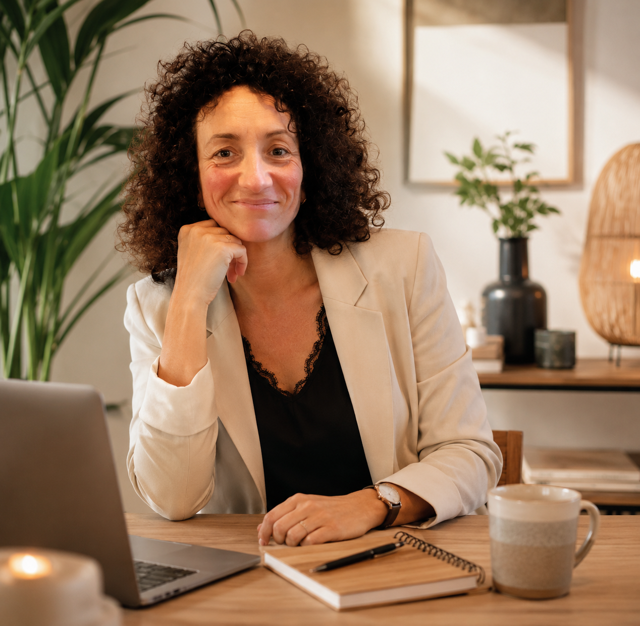 Dona professional amb estil modern i elegant en un espai acollidor de coaching holístic i benestar emocional.